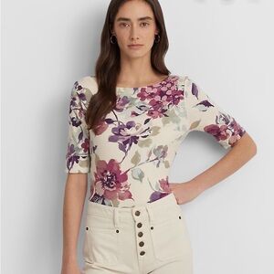 Lauren Ralph Lauren Printed Boat-Neck Tee XL Floral Slim Fit Elbow Sleeve